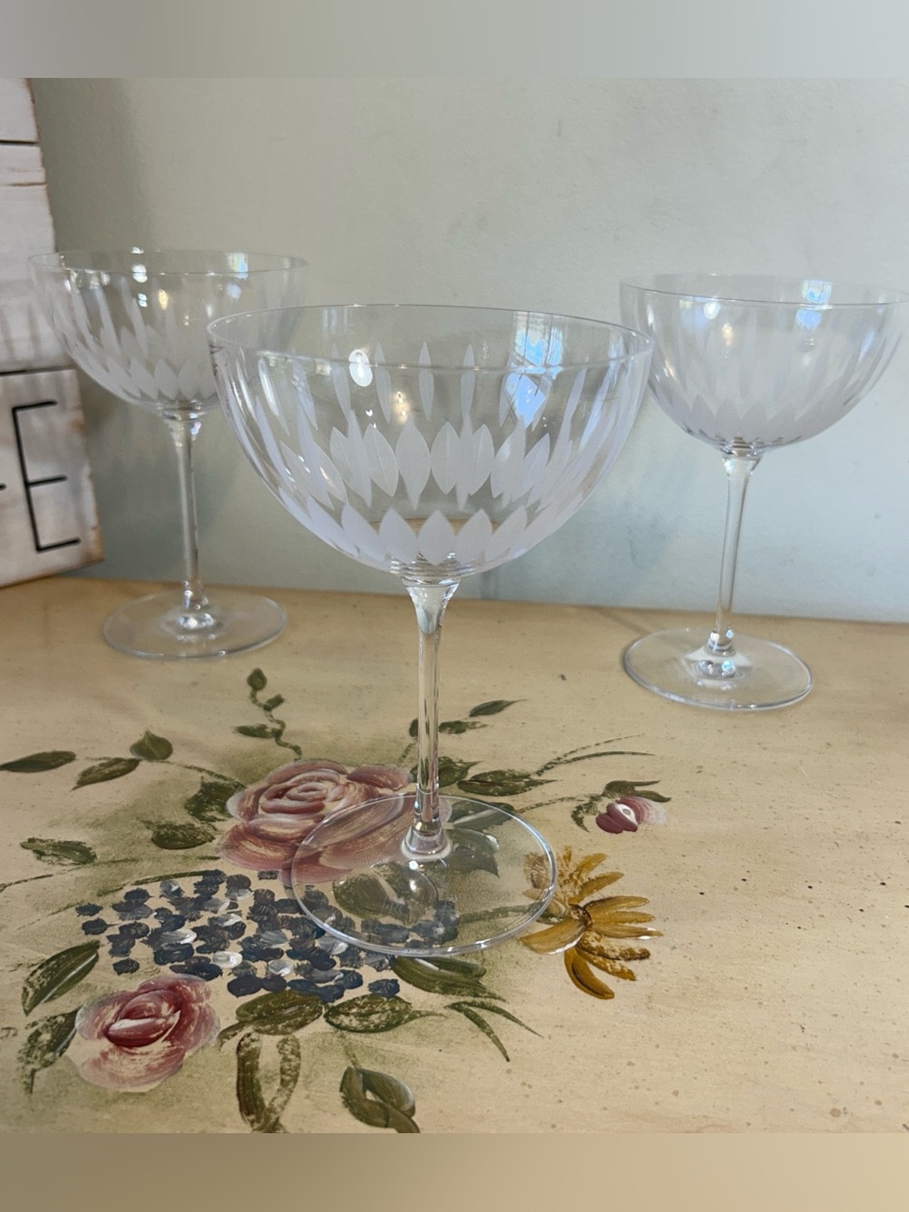 RONA Slovakia Set of 3 White Etched Crystal Wine Stemmed Coupe Glasses